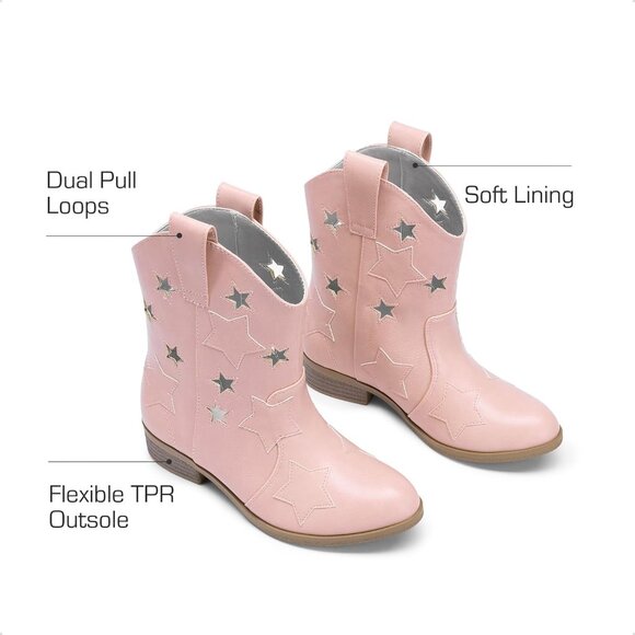Girls Pink Cowgirl Mid Calf Glitter Western Boots Toddler Star Riding Shoes - Picture 3 of 5